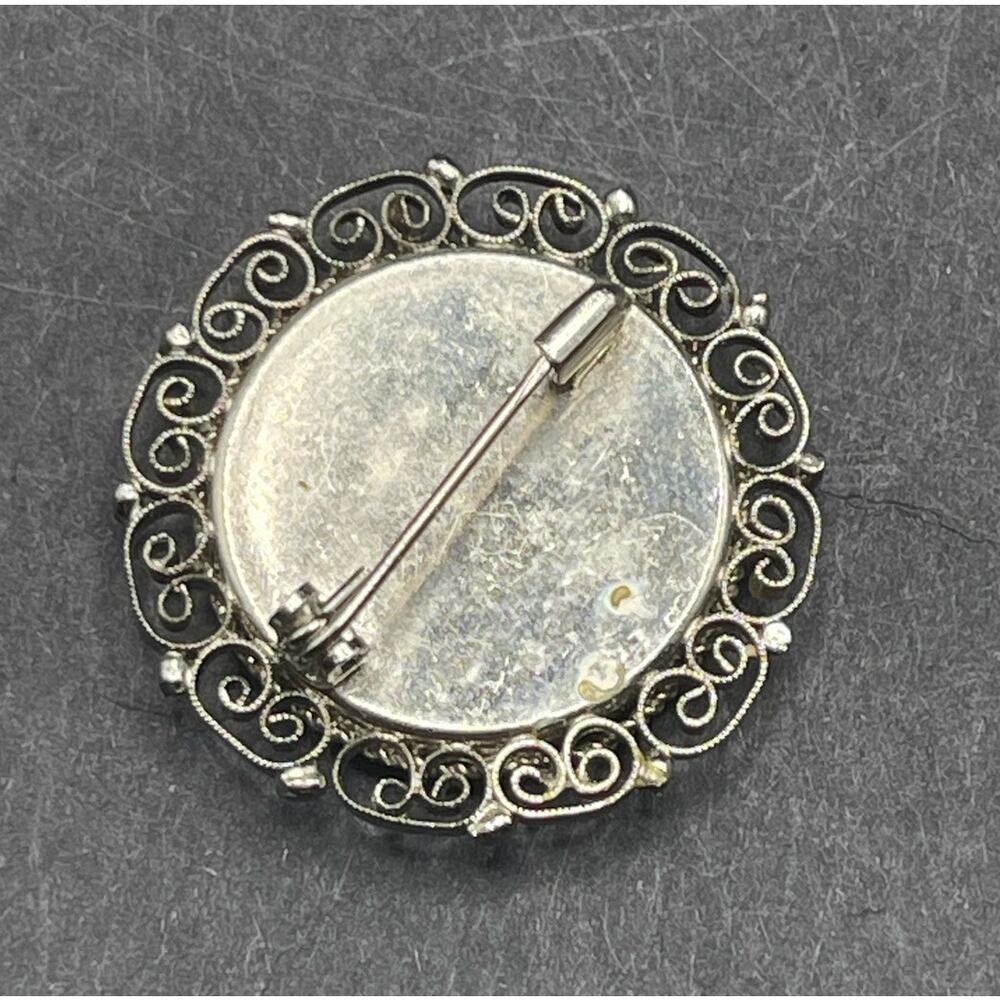 Green Red Floral Italian Brooch Mosaic Tile Silver Filigree Border Unsigned Pin - Picture 3 of 5
